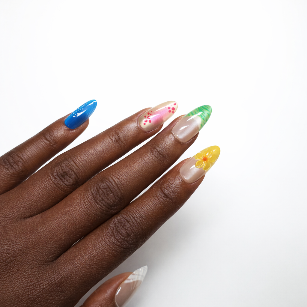 Island Bloom Mix – Long Almond Tropical 3D Flower Press-On Nails