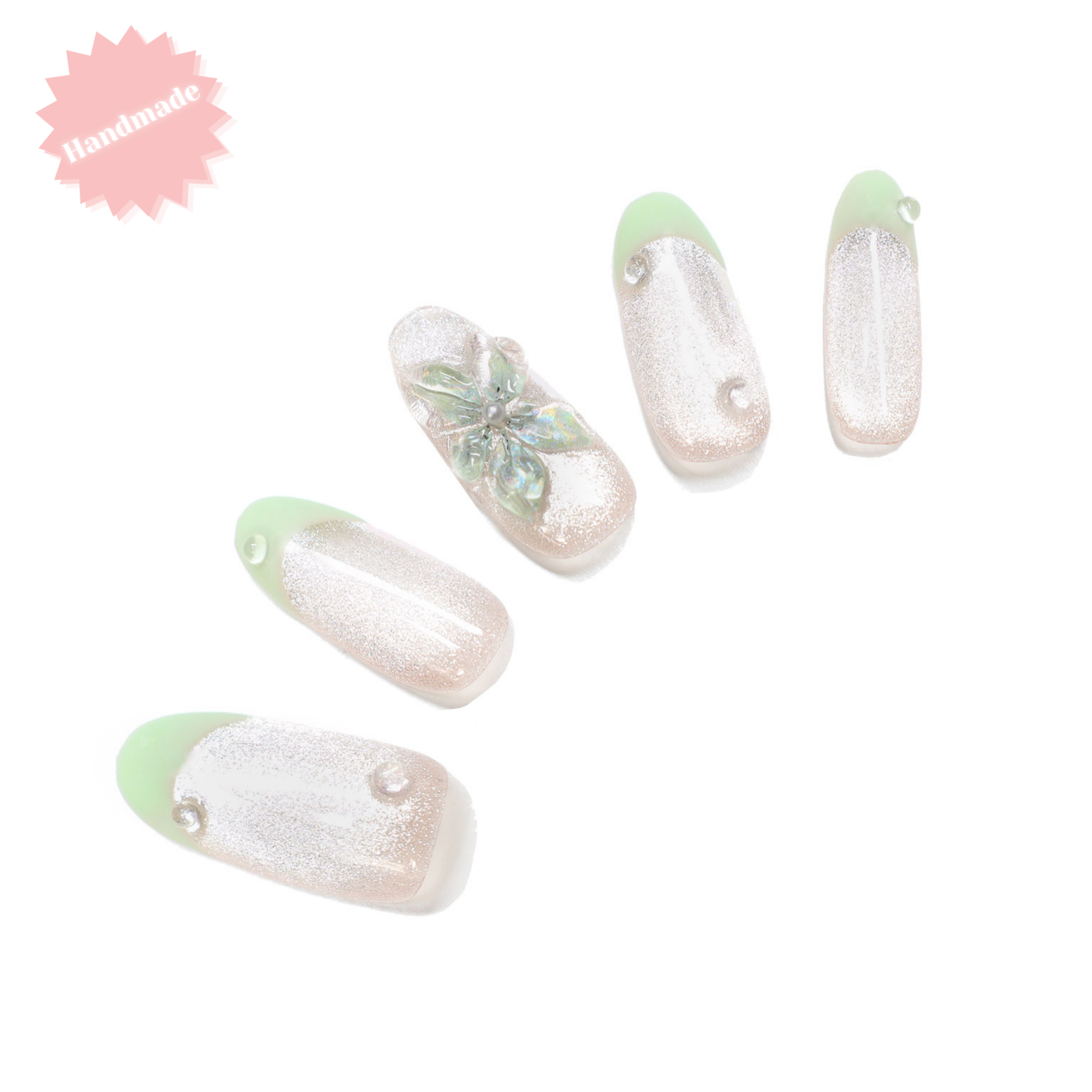 Mint Pearl Blossom – Handmade Oval Mint Green French Tip Press-On Nails