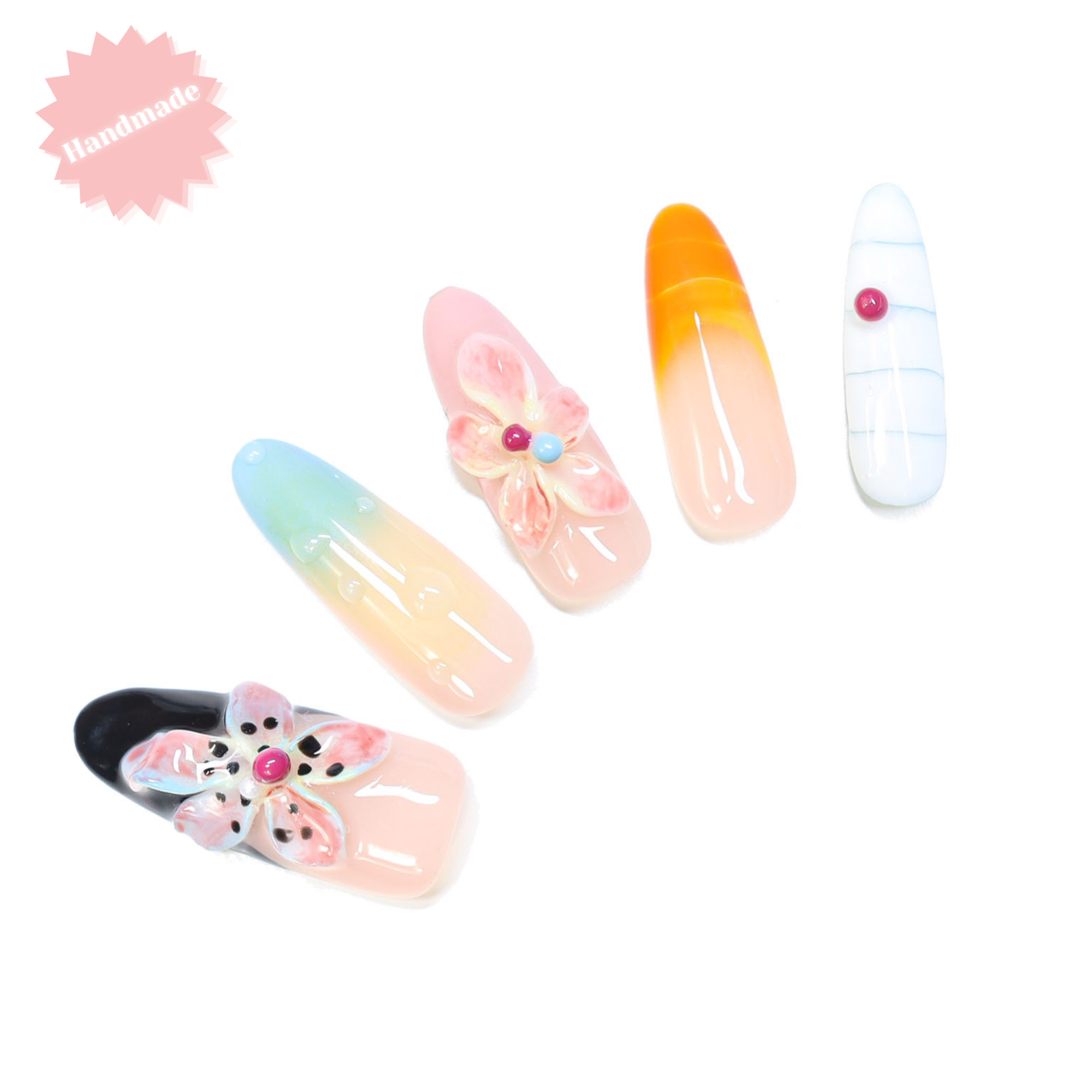 Petal Pop Duo – Handmade Long Almond Mismatched Ombre 3D Flower Press-On Nails