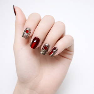 classic red short square daily press on nails with gold foil accent
