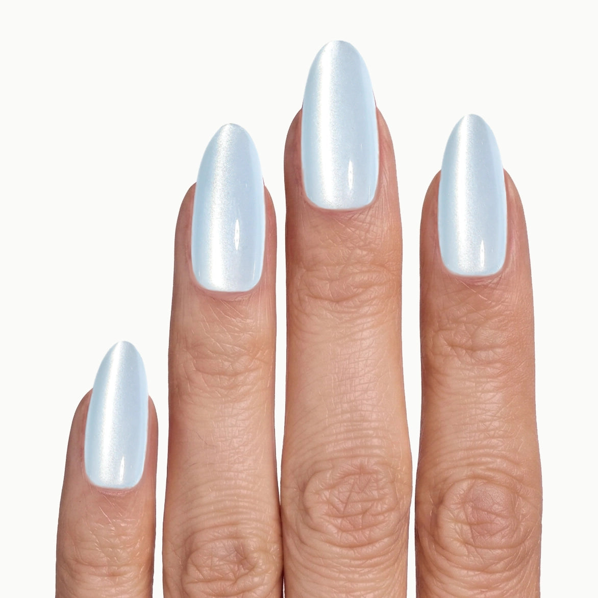 Glacier Glow – Medium Almond Icy Pearl Press-On Nails