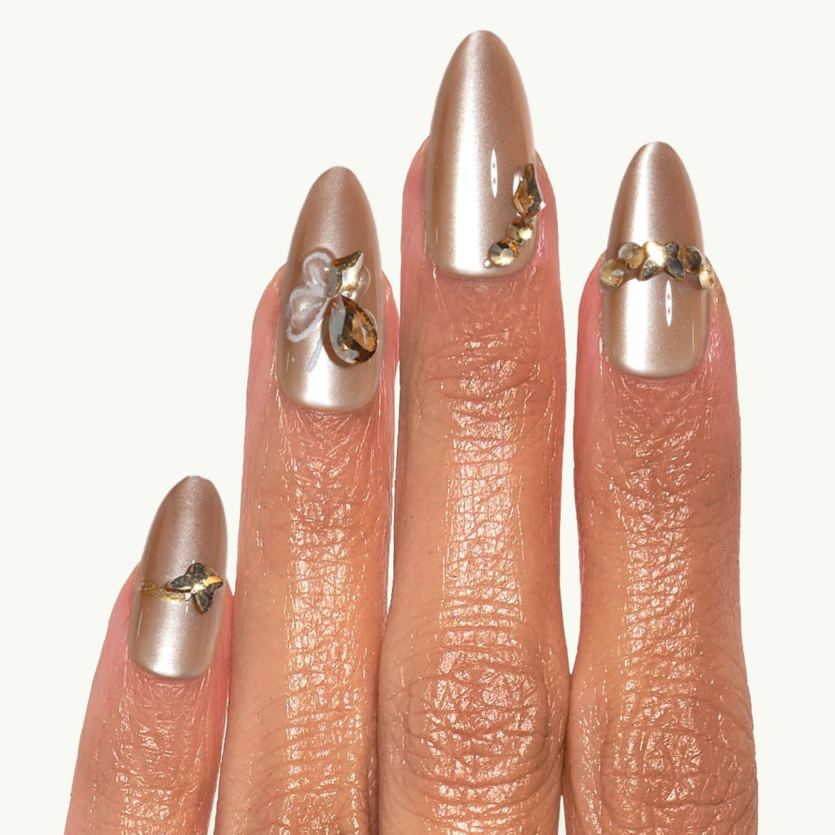 Sky Dance – Medium Almond Champagne Pearl Charm Press-On Nails