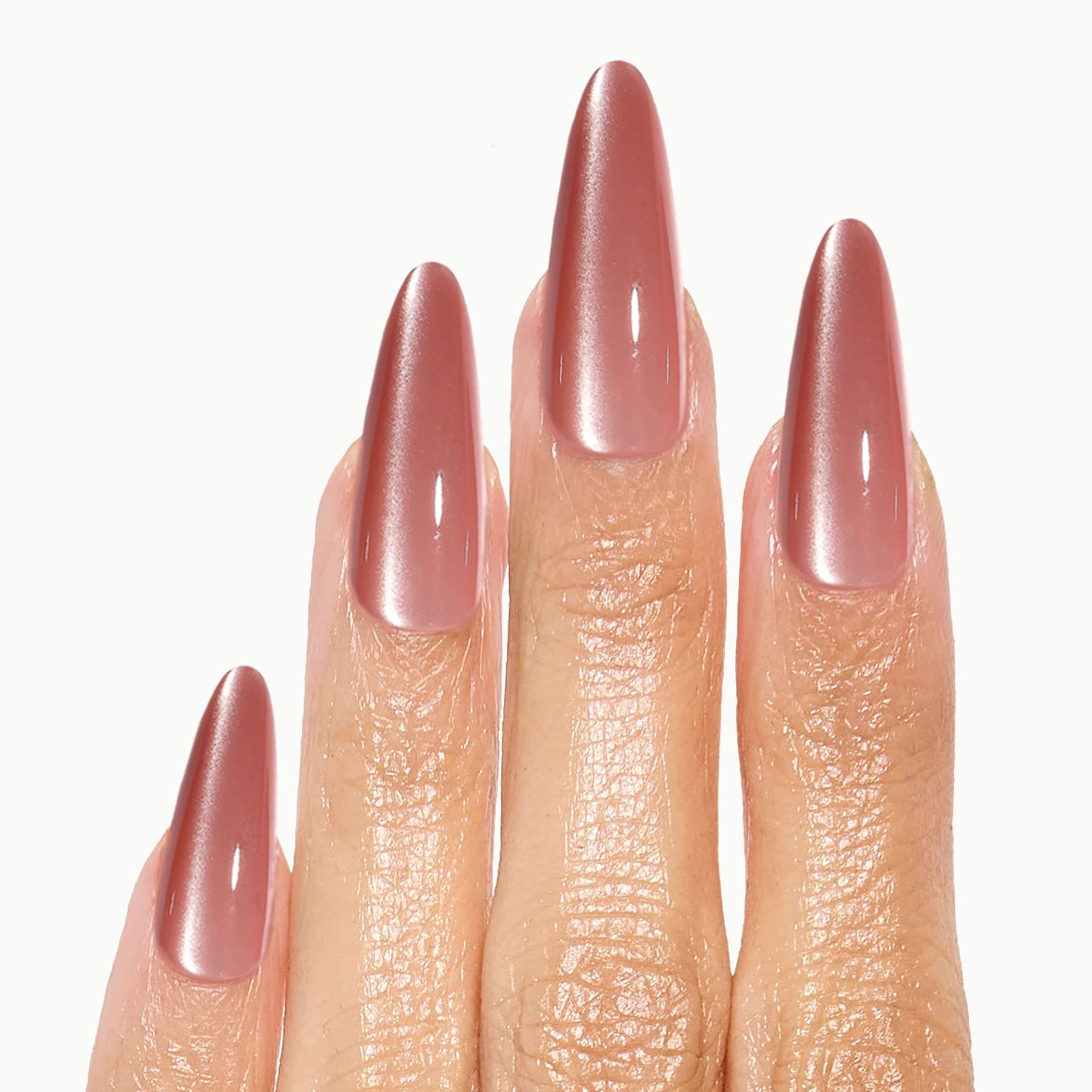 Pink Lady – Long Stiletto Rose Chrome Press-On Nails