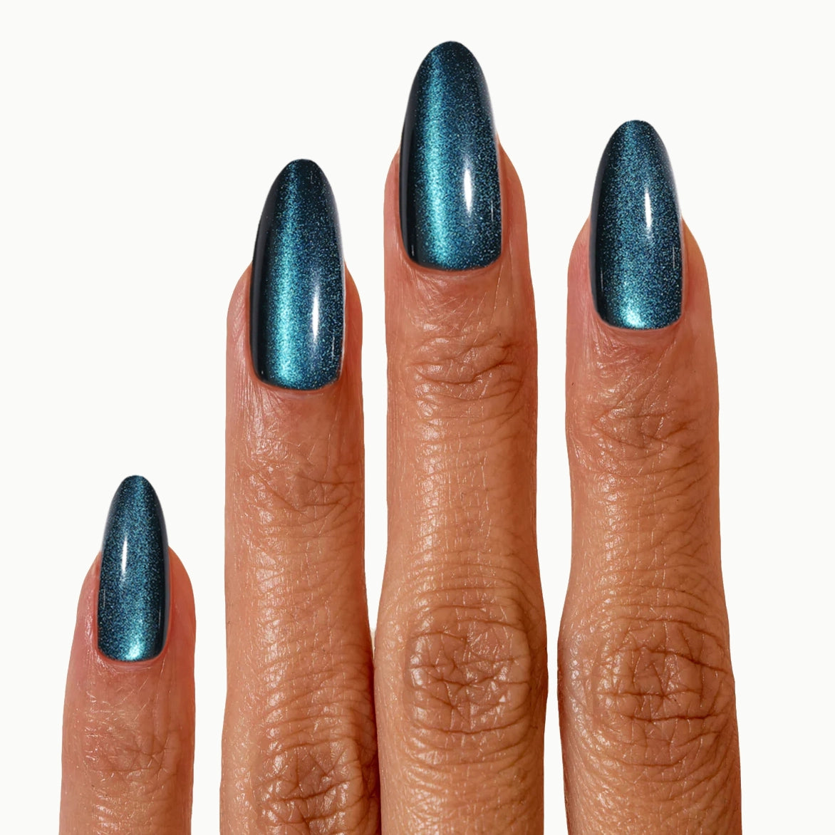 Midnight Muse – Medium Almond Metallic Teal Press On Nails
