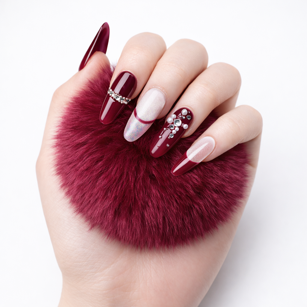 Hand model wearing burgundy French press on nails with nude ombre base and crystal rhinestone accents, holding a burgundy fur accessory

