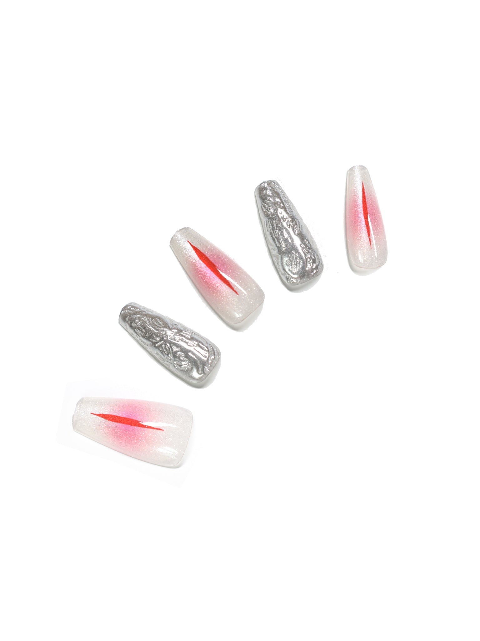 Crimson Veil Chrome – Medium Coffin Pearl Press-On Nails