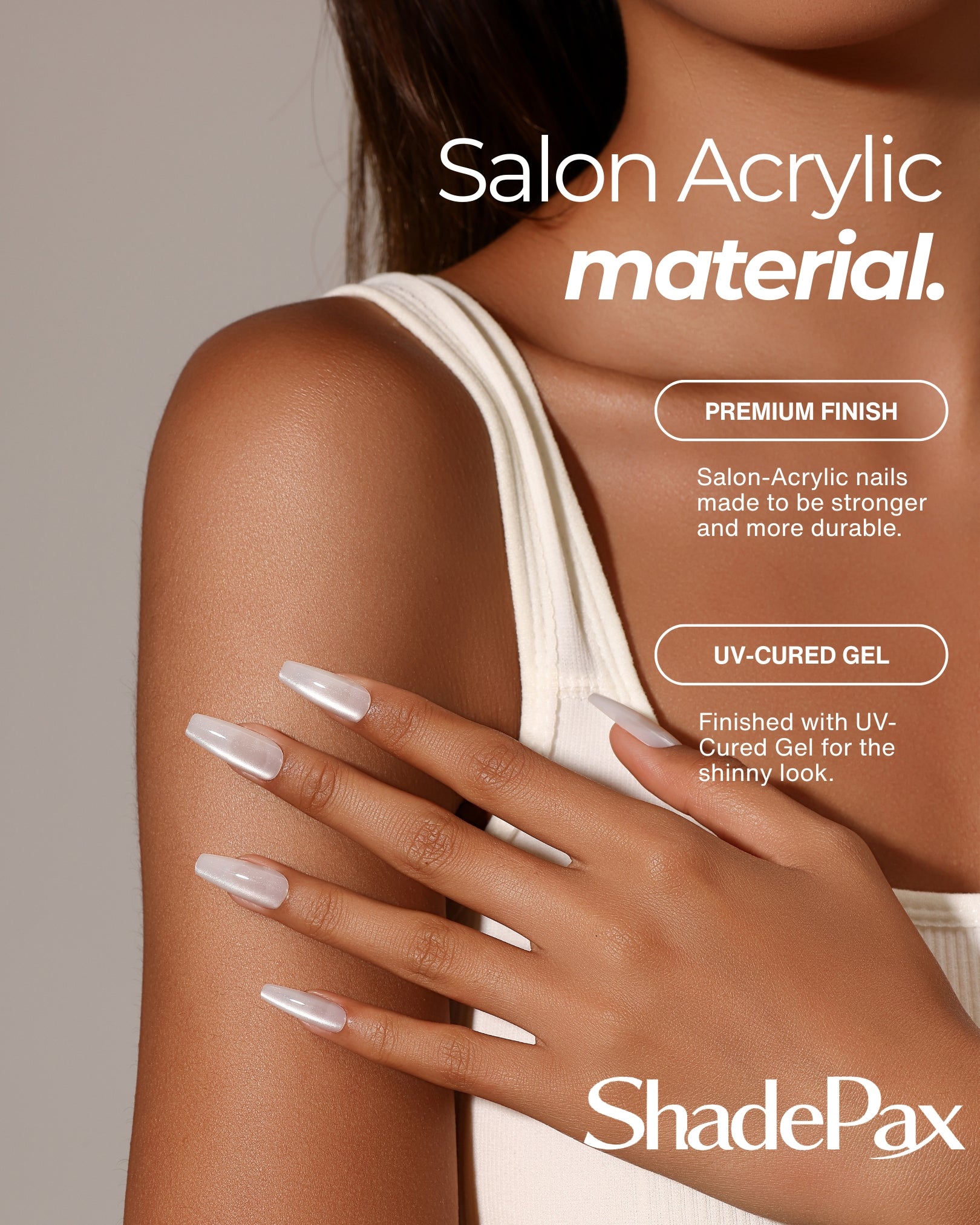 Ivory Shine – Long Coffin Pearly White Press-On Nails