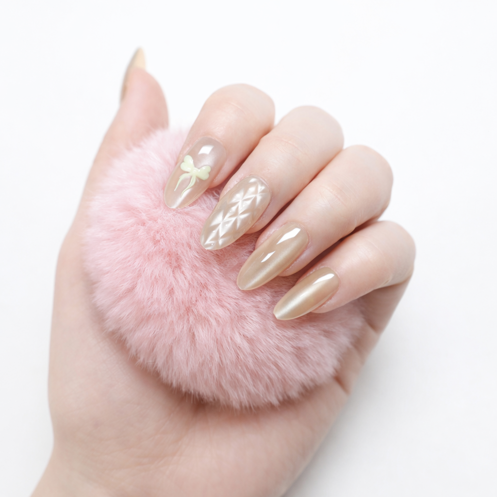 White studio photo of a model hand holding a pink fluffy pom pom, featuring champagne gold almond press-on nails with a quilted pearl accent nail and a nude sheer bow design accent.