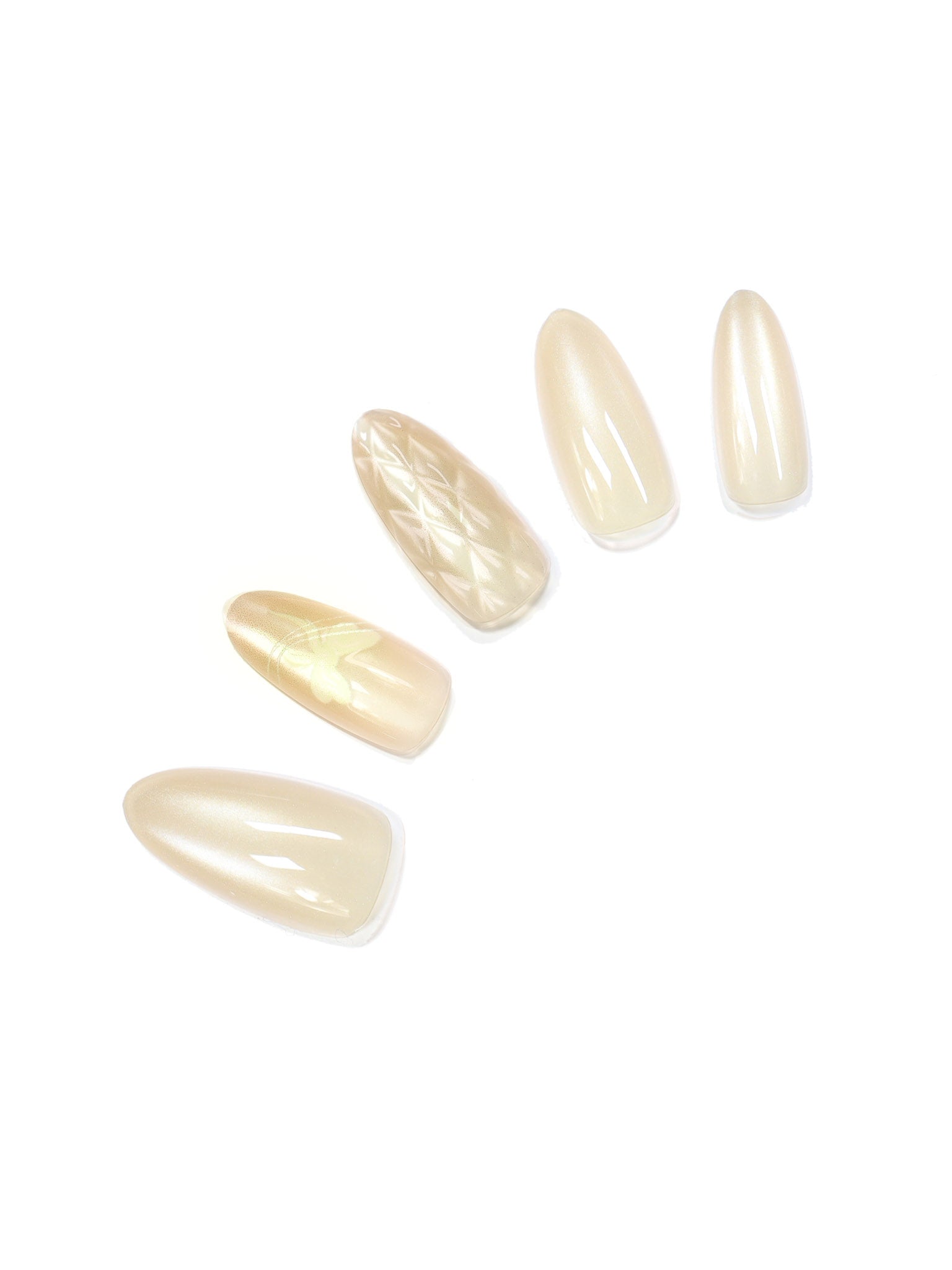 Champagne Butterfly long almond champagne pearl cat eye press-on nails with quilted texture and butterfly accents 30-piece set
