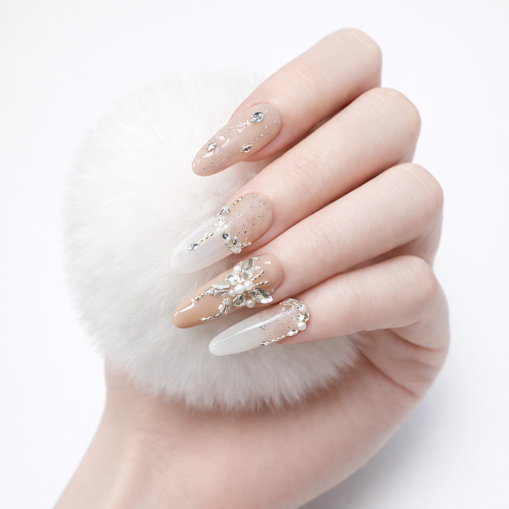 Hand model holding a white pom pom wearing handmade nude and white almond press on nails with rhinestone and pearl crystal design