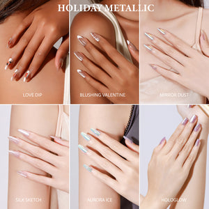 ShadePax Holiday Metallic bundle metallic press on nails featuring Love Dip Blushing Valentine Mirror Dust Silk Sketch Aurora Ice and Hologlow