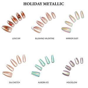 ShadePax Holiday Metallic chrome press on nails on hands showing Love Dip Blushing Valentine Mirror Dust Silk Sketch Aurora Ice and Hologlow