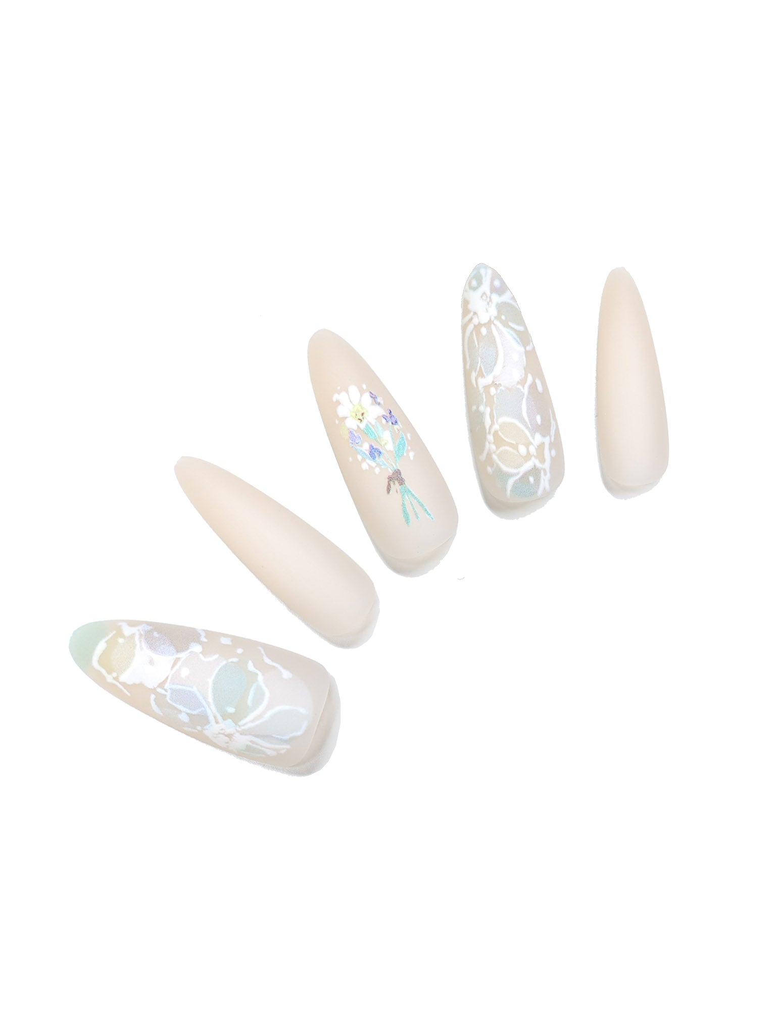 Ivory Lace Bouquet medium almond nude floral press-on nails with lace overlay and bouquet accent 30-piece set
