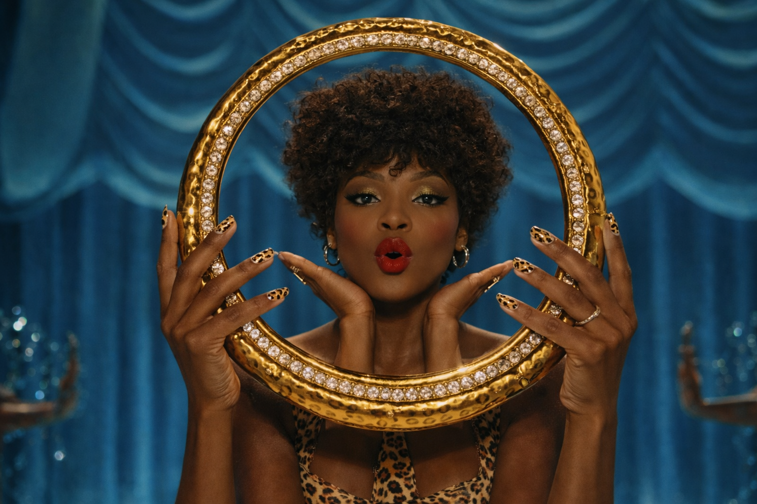 Glossy leopard print press on nails featuring brown and black animal pattern shown on hands, bold statement nail design