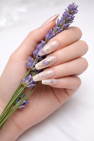 long coffin nails purple butterfly design