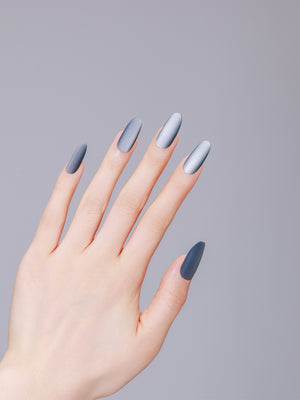 PMMA acrylic long oval smoky blue-gray press-on nails with velvety matte finish