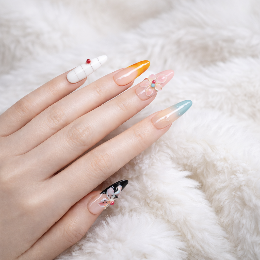 Multi color long almond press on nails with pastel ombre tips, orange French tip, white accent nail and 3D flower nail art on faux fur background
