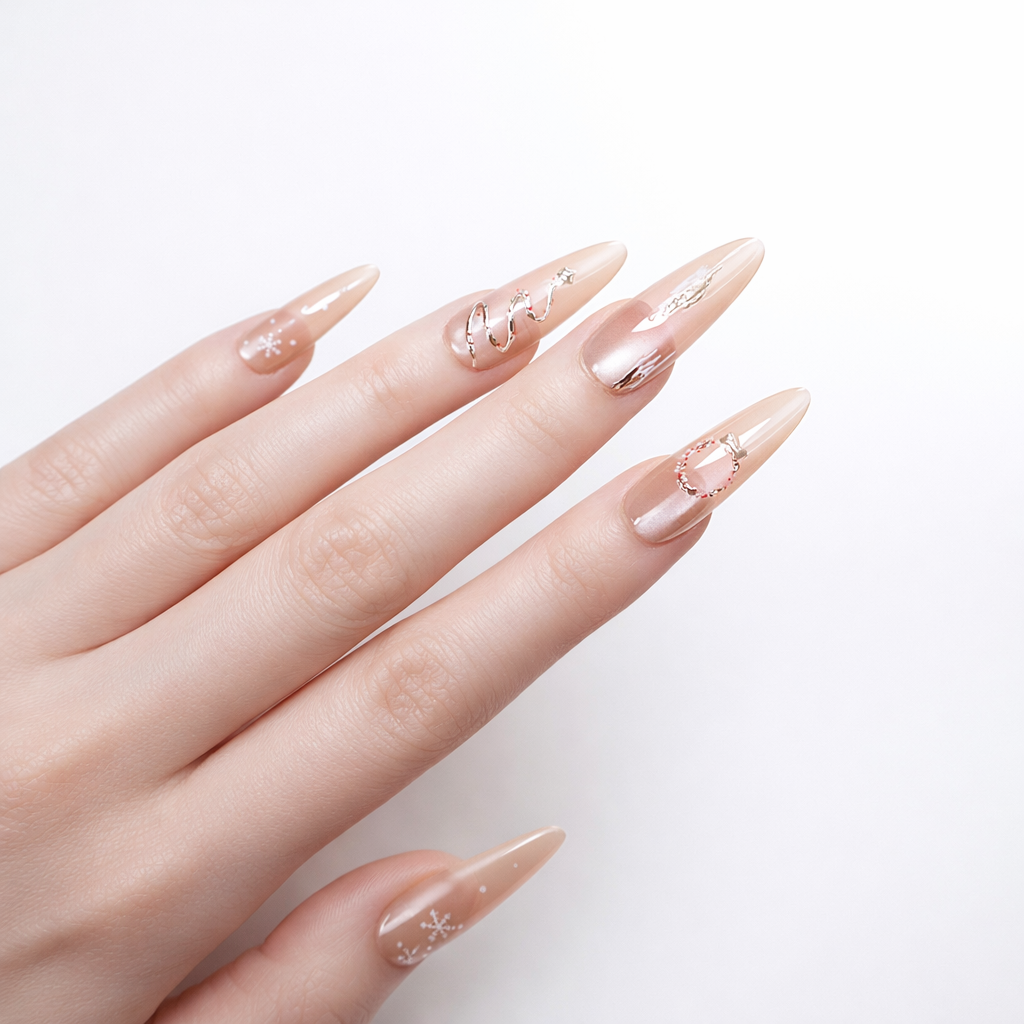 Elegant nude stiletto press on nails with gold wire and crystal details on a professional white skin model hand in studio lighting
