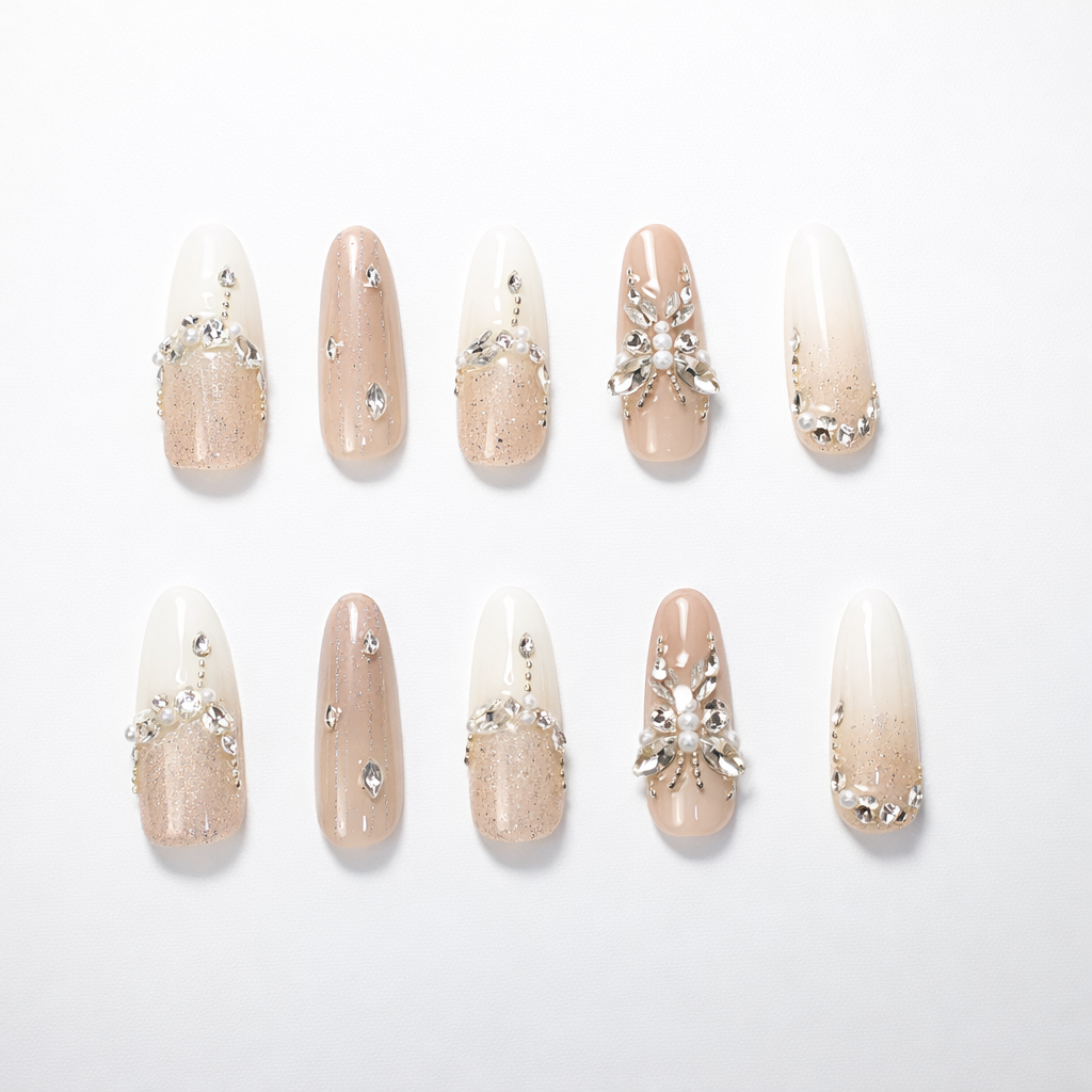 Ten almond press-on nails in a nude-to-ivory ombré with silver glitter accents, rhinestone and pearl detailing, including two 3D crystal flower feature nails, photographed on a clean white background with studio lighting.