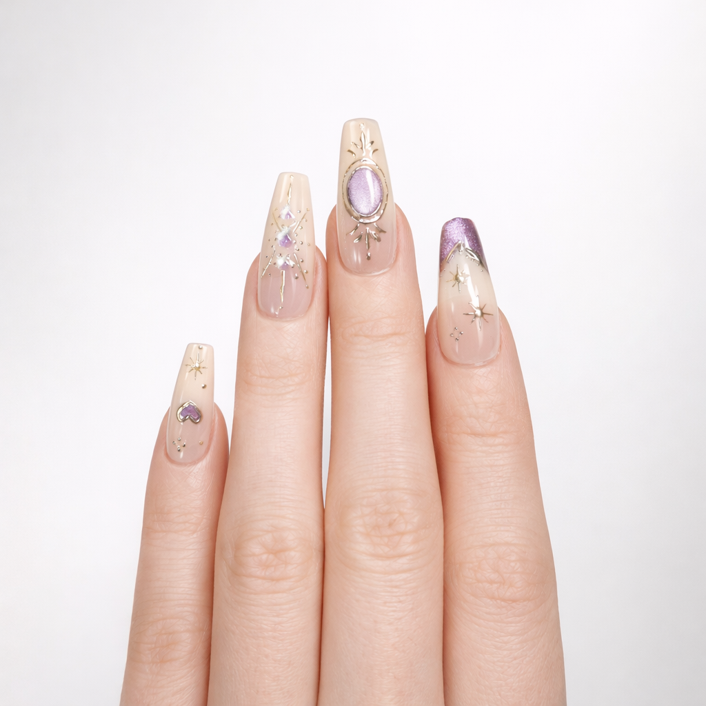 purple coffin beige press on nails