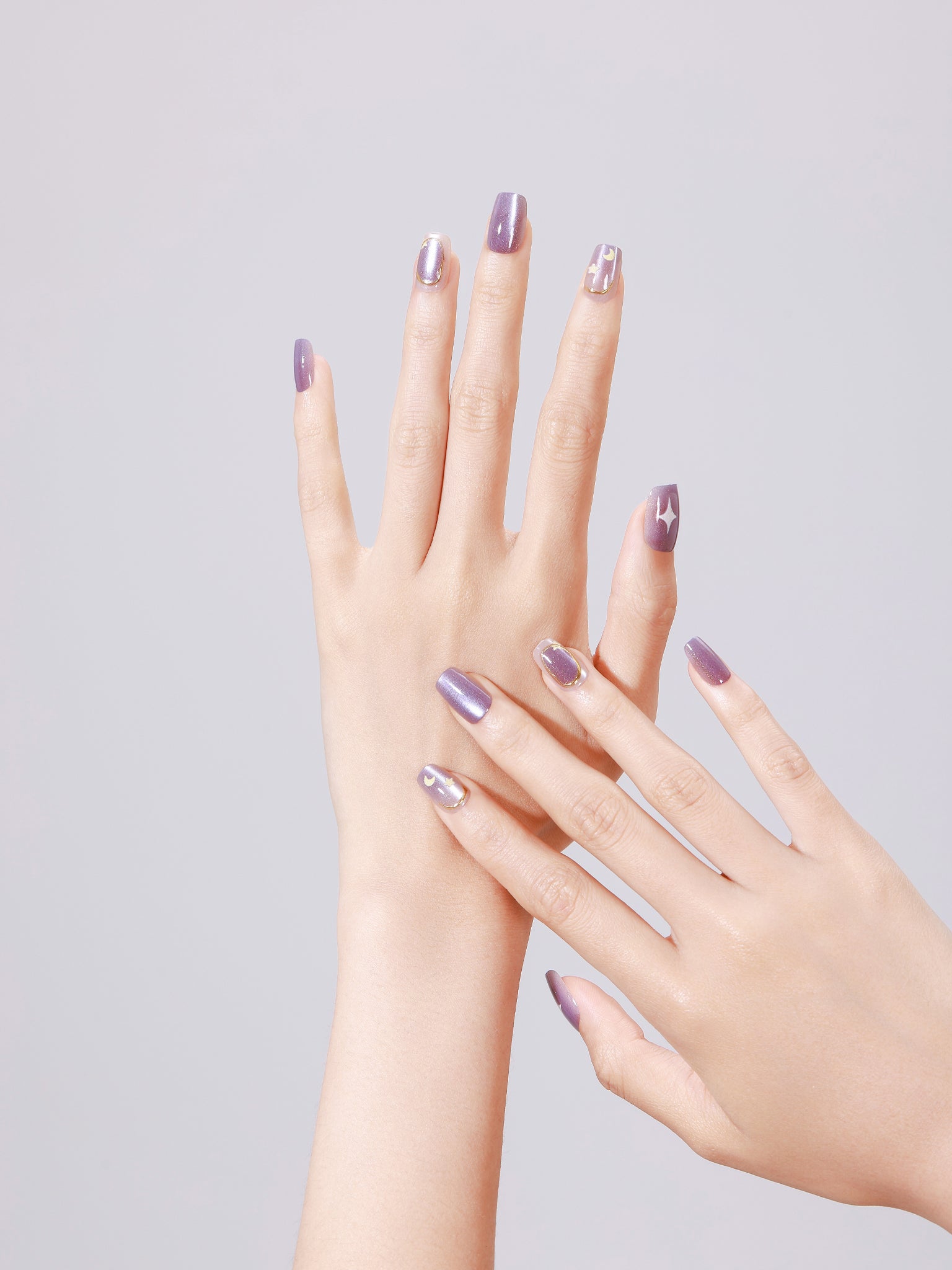 Purple Stardust short square purple galaxy press-on nails with moon and star nail art