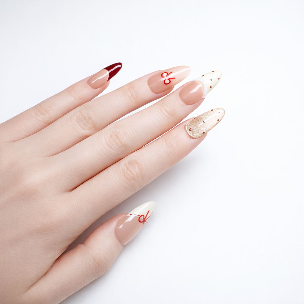 Hand model wearing nude ombre almond press on nails with red bow French tips, glossy finish and elegant minimalist nail art