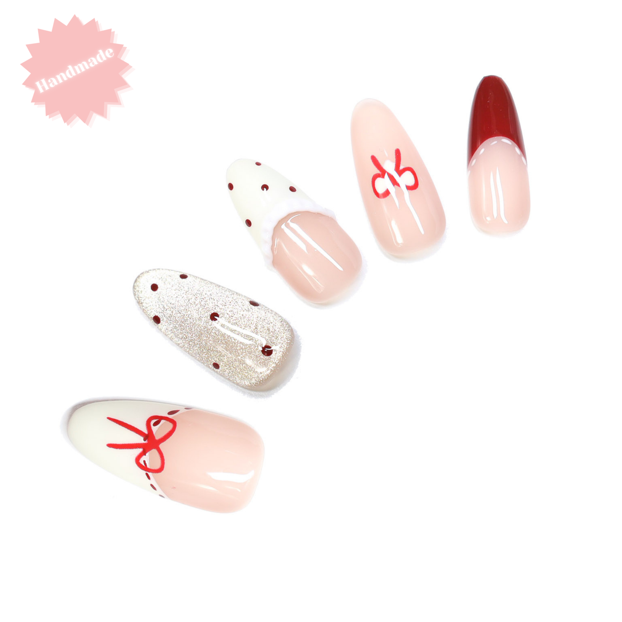 Cherry Confetti – Handmade Long Almond Red French Nude Ombré Bow & Glitter Press-On Nails