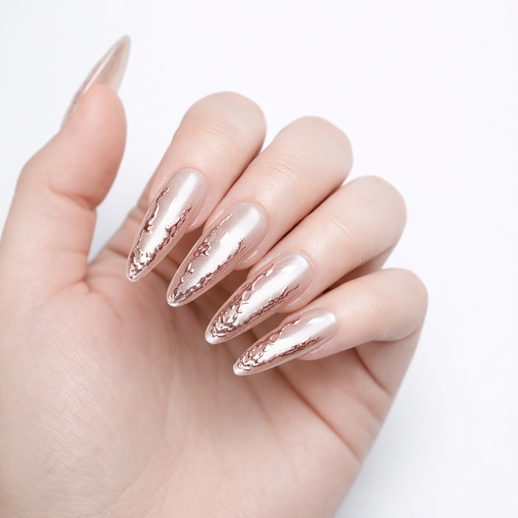 Close-up of elegant white skin model hand wearing rose gold foil stiletto press on nails, nude sheer base with metallic abstract foil accents, studio lighting