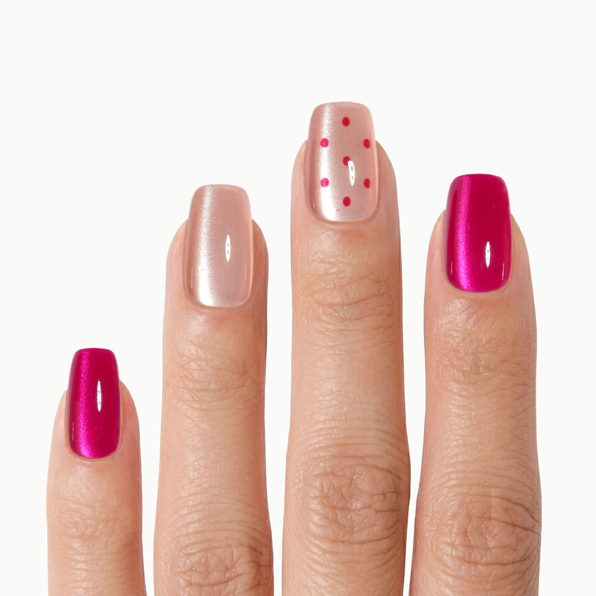 Poppin Rose – Square Hot Pink Chrome Press-On Nails with Pearl Blush and Polka Dot Accents