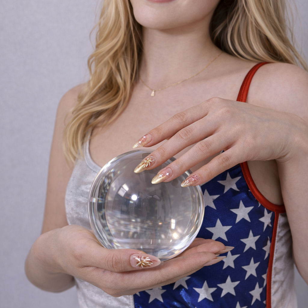 Almond-shaped press on nails in sheer nude with gold chrome tips and starburst nail art, glossy salon finish