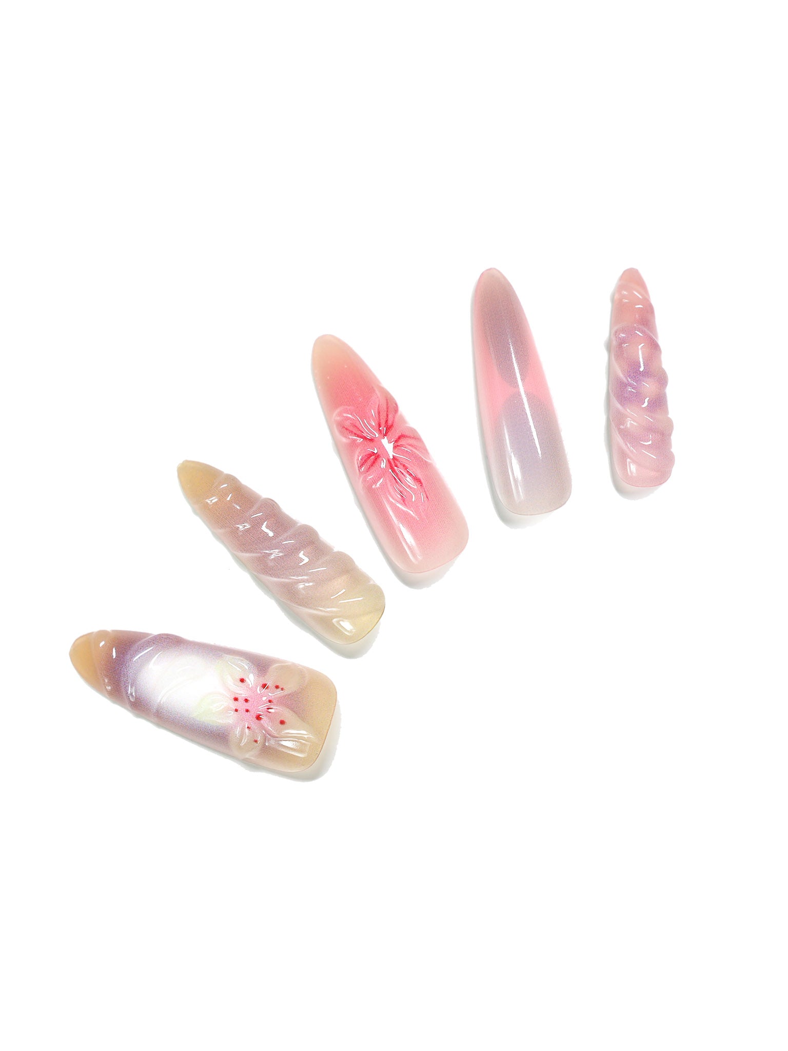Close-up Sakura Jelly long stiletto jelly ombre press-on nails with raised floral design glossy finish