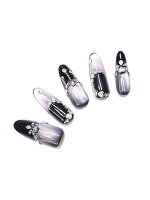 Violet Eclipse handmade long coffin press on nails with black to purple chrome ombré and glossy finish