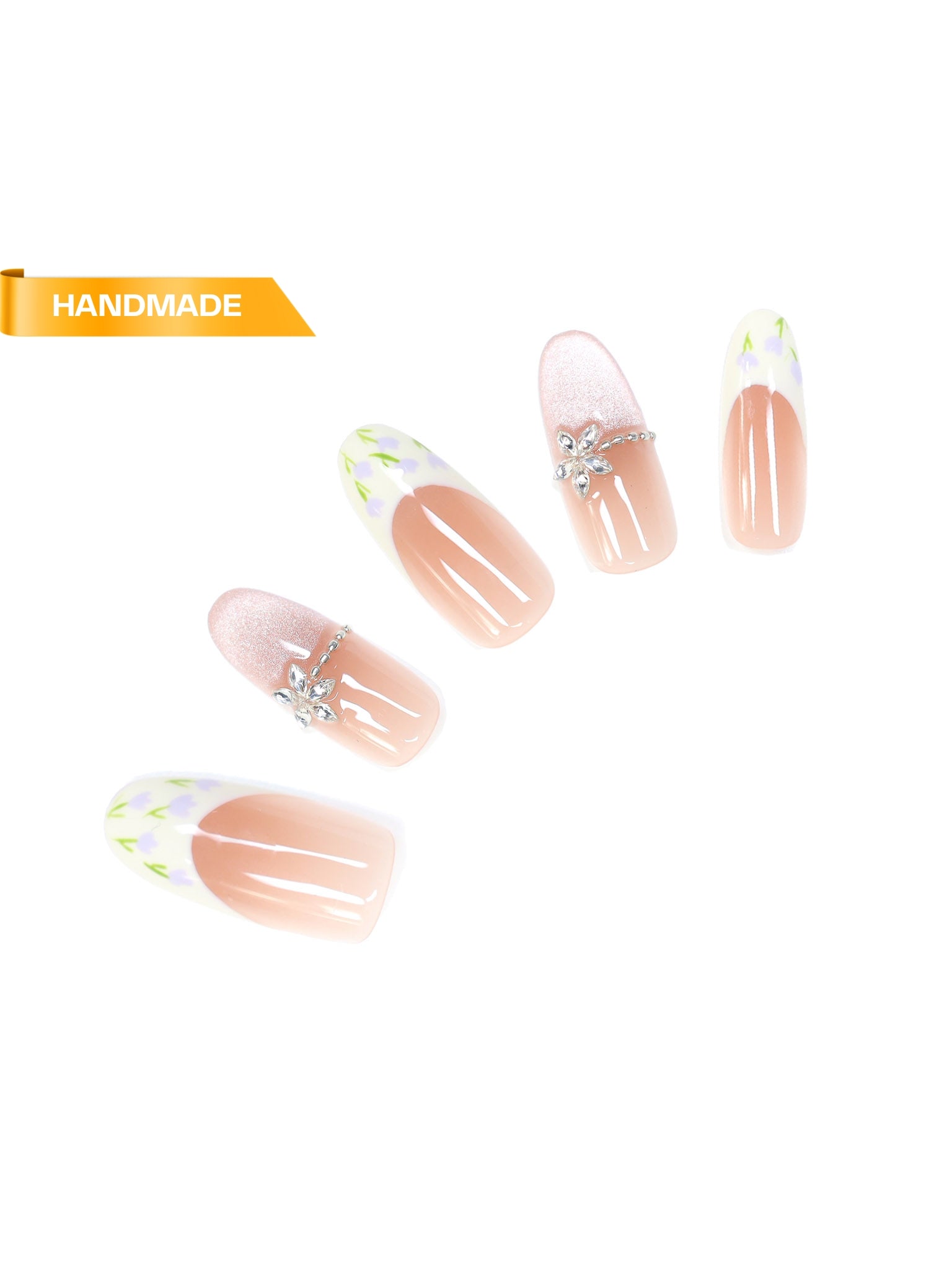 Handmade long coffin press-on nails with nude peach jelly base, white French tips with lavender floral details, and silver bow charm on white background