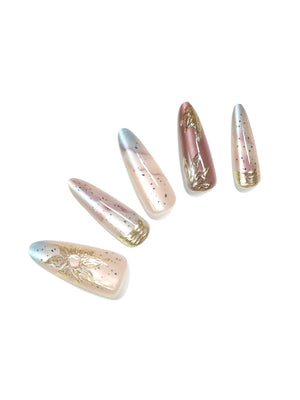 Celestial Drift long stiletto nude peach blue ombre press-on nails with gold moon star accents speckled glaze 30-piece set